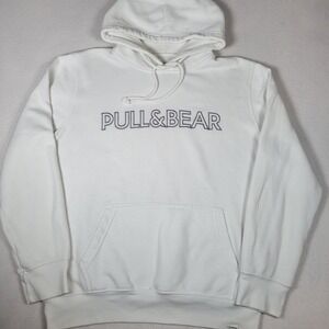 Pull & Bear Men's White Logo Hoodie Size M Long Sleeve‎